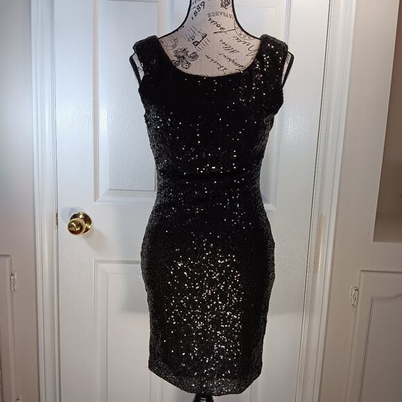 Seductions NWOT Black Sequins Bodycon Cocktail Formal Mini Dress Women Size S - Picture 1 of 16